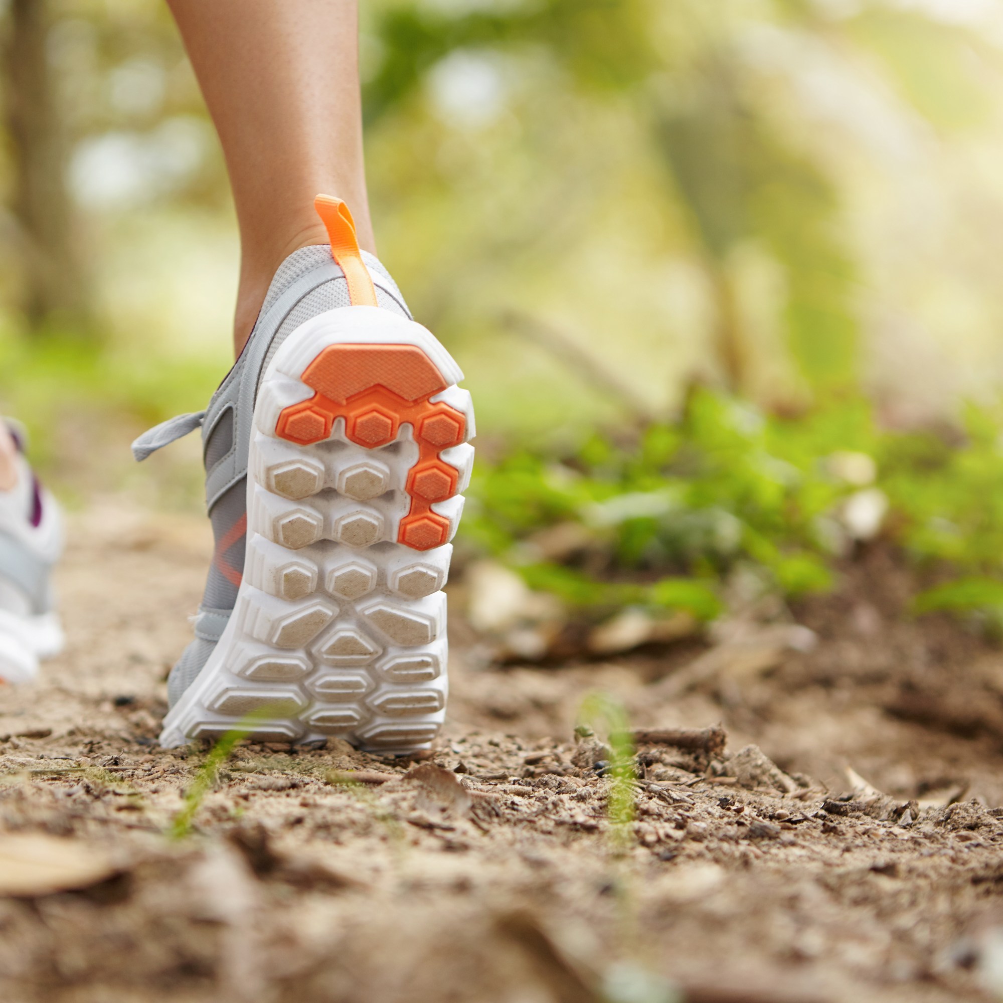 pieds de femme chaussés de running, marchant en forêt